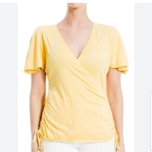 MAX STUDIO yellow cinched side faux wrap flutter sleeve blouse M